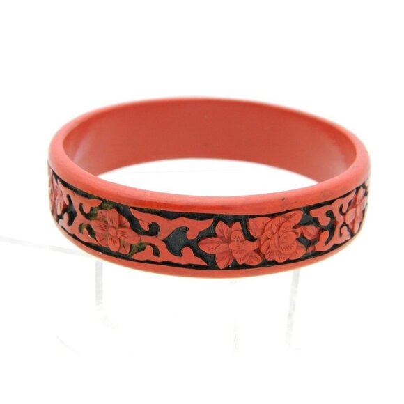 Vintage Faux Cinnabar Deep Carved Flower Bracelet B - Picture 2 of 3